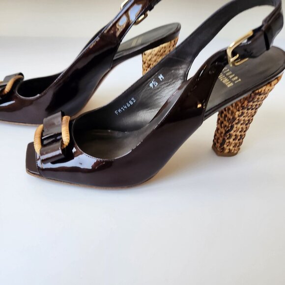 Stuart Weitzman Brown Patent Leather Slingback Heels Woven Block Heel Bows 9.5 M - Picture 5 of 15